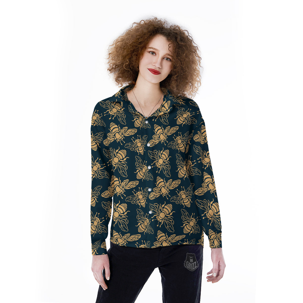 Bee Vintage Print Pattern Women's Long Sleeve Shirts-grizzshop
