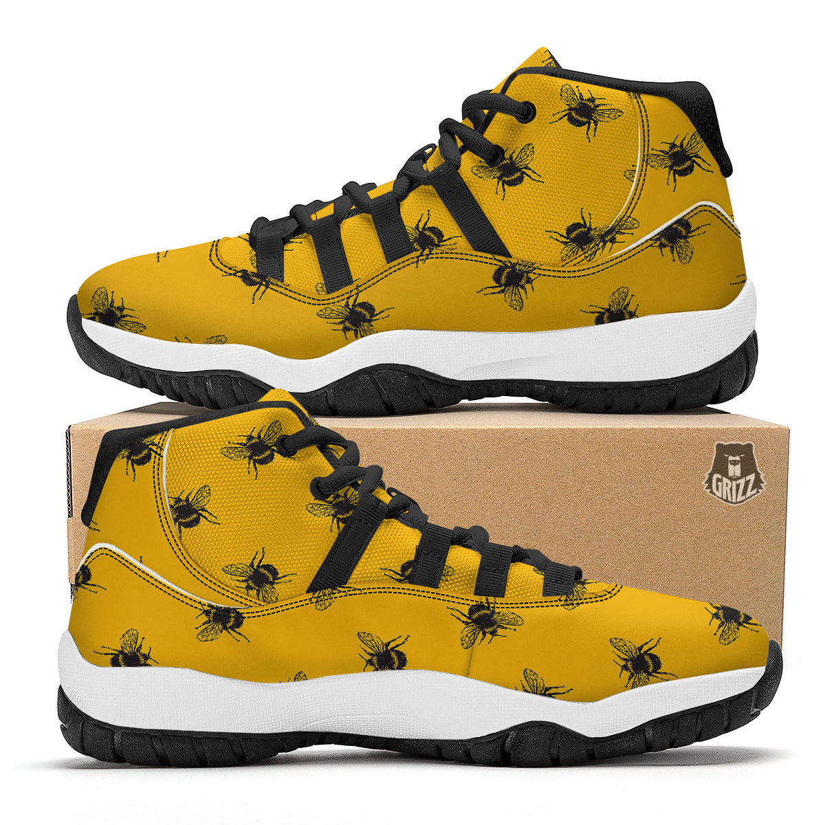 Bee Yellow Print Pattern Black Bball Shoes-grizzshop