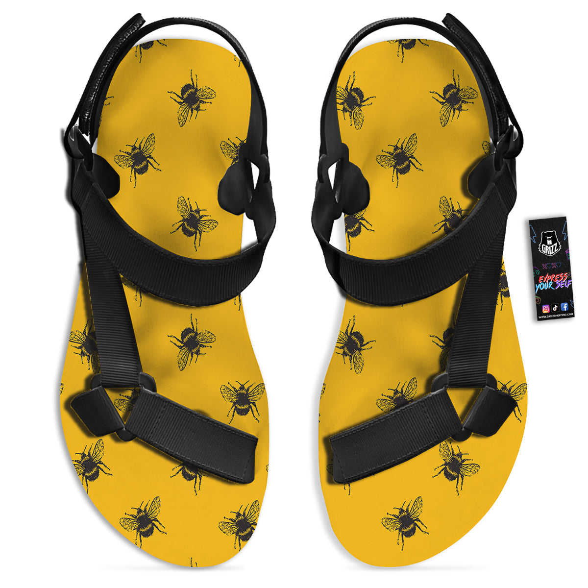 Bee Yellow Print Pattern Black Open Toe Sandals-grizzshop