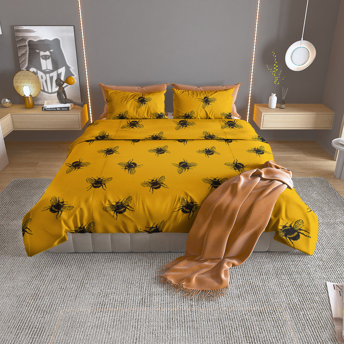 Bee Yellow Print Pattern Duvet Cover Bedding Set