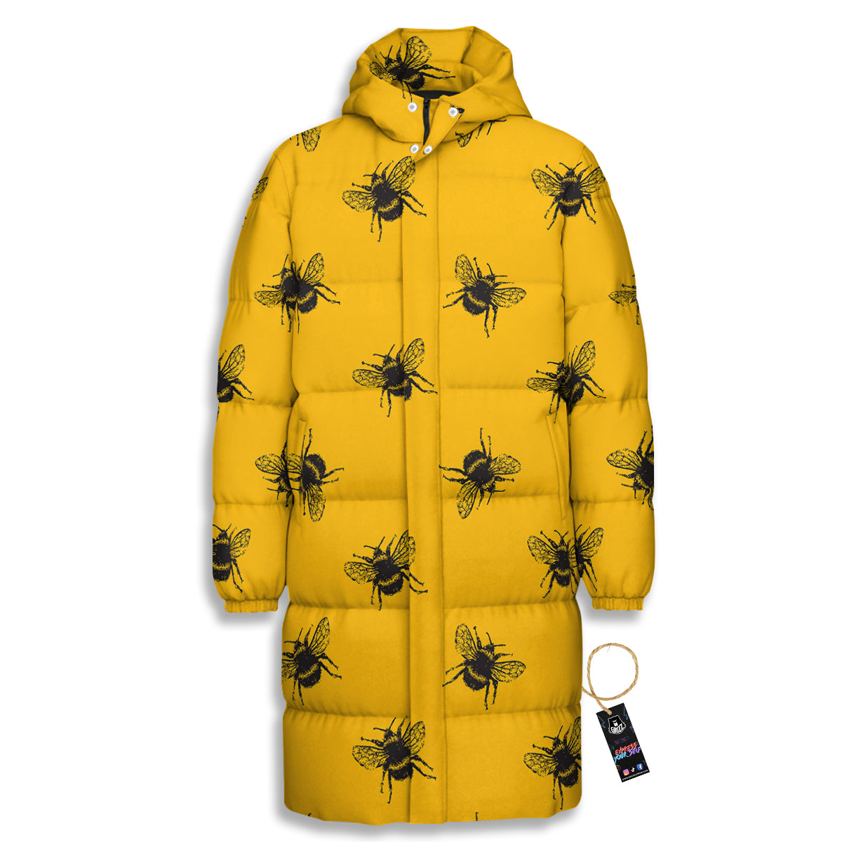 Bee Yellow Print Pattern Long Down Jacket-grizzshop