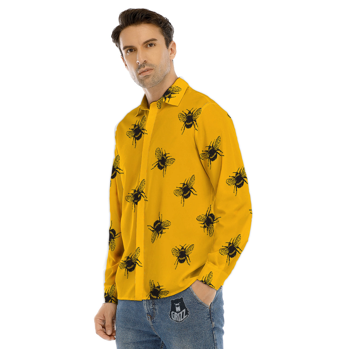 Bee Yellow Print Pattern Men's Dress Shirts-grizzshop