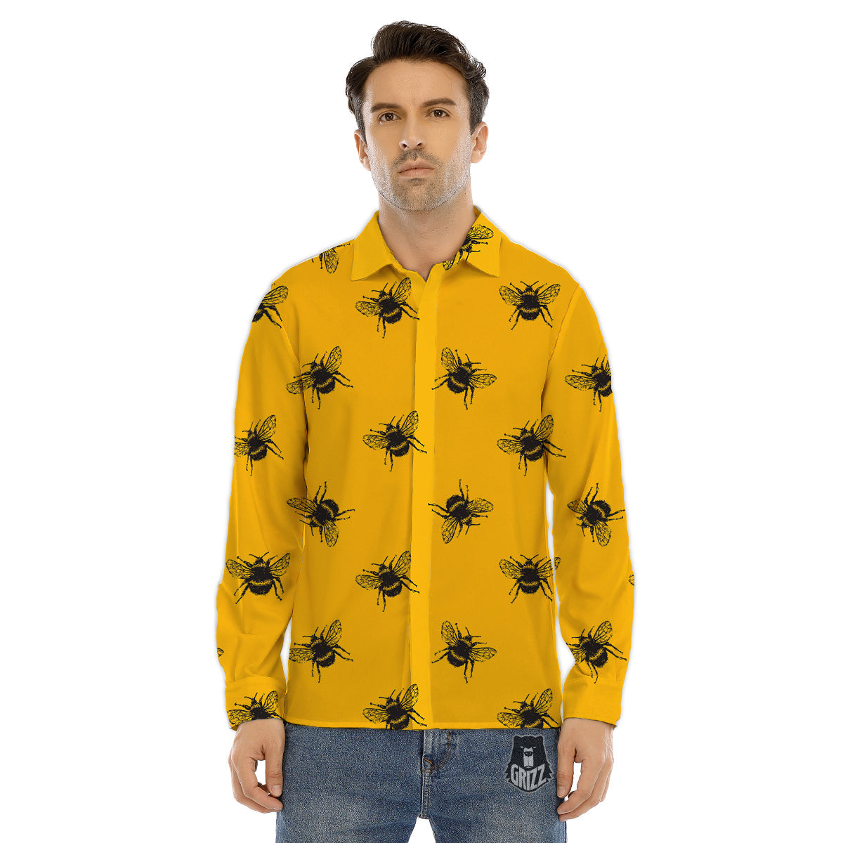 Bee Yellow Print Pattern Men's Dress Shirts-grizzshop