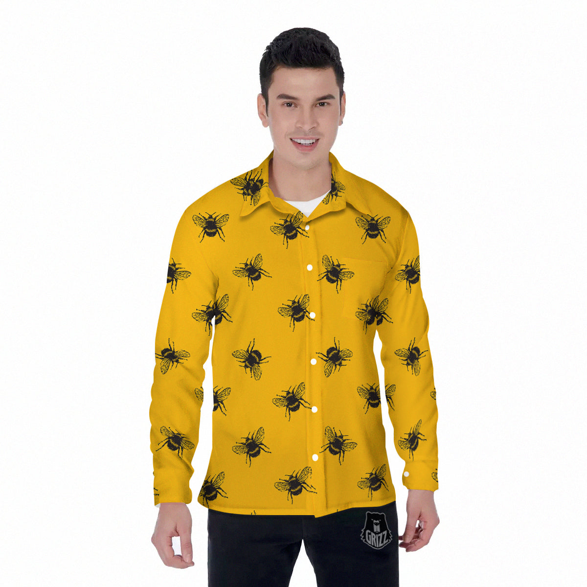 Bee Yellow Print Pattern Men's Long Sleeve Shirts-grizzshop