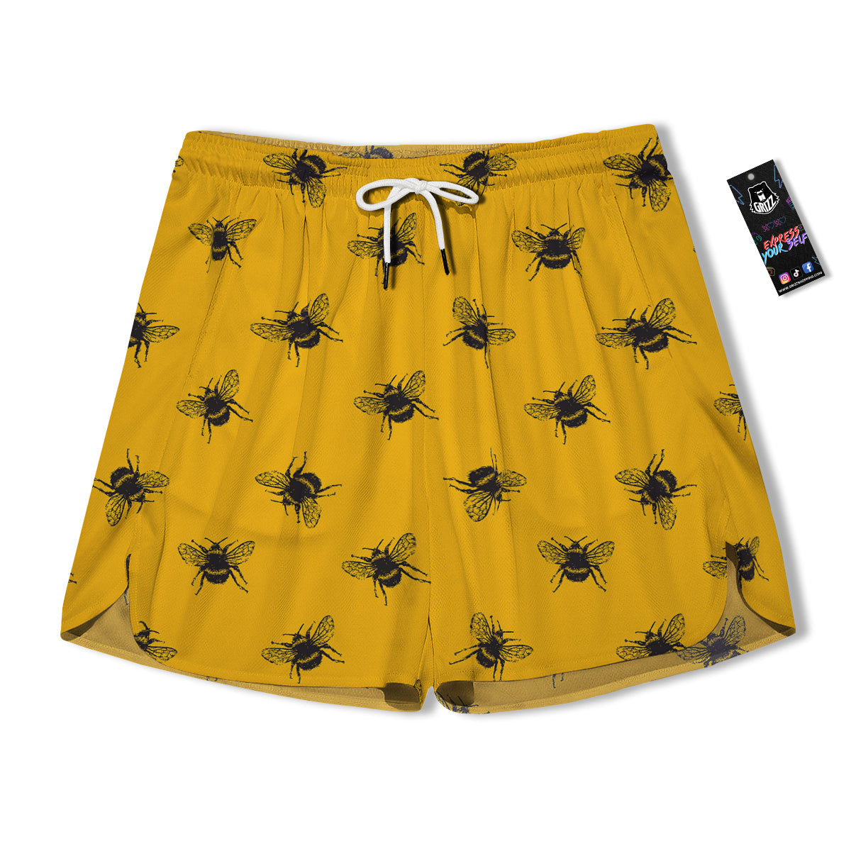Bee Yellow Print Pattern Men's Running Shorts-grizzshop
