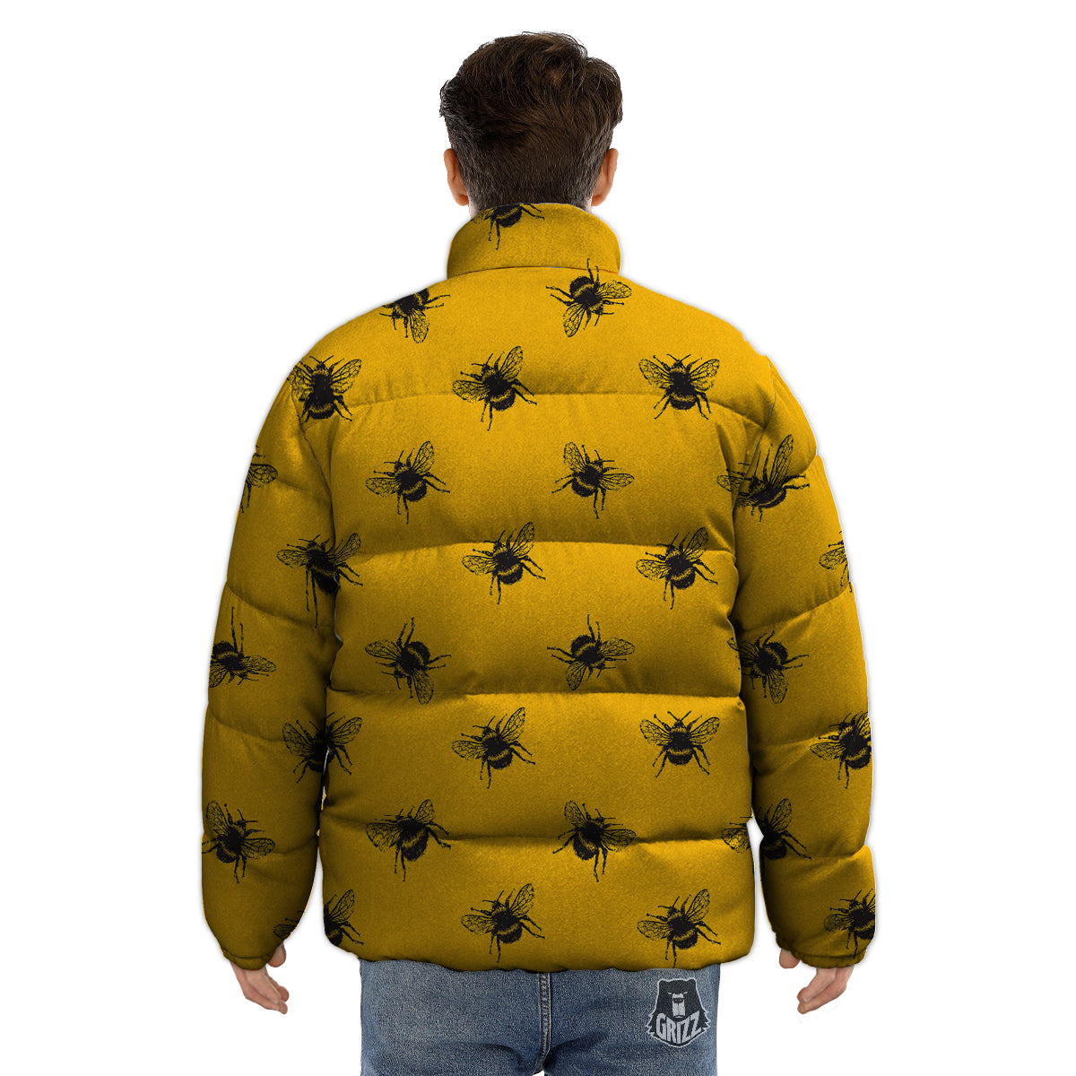 Bee Yellow Print Pattern Puffer Jacket-grizzshop