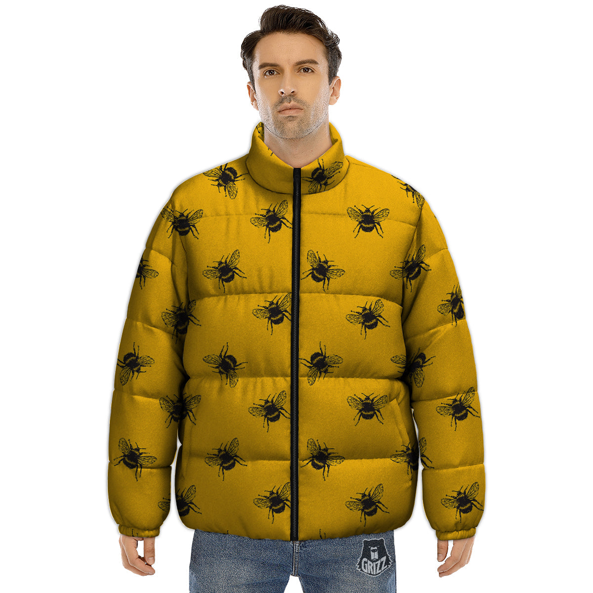 Bee Yellow Print Pattern Puffer Jacket-grizzshop