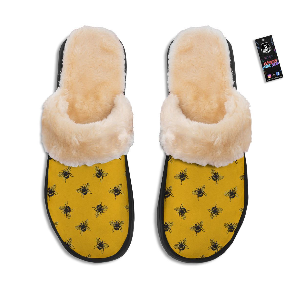 Bee Yellow Print Pattern Slippers-grizzshop