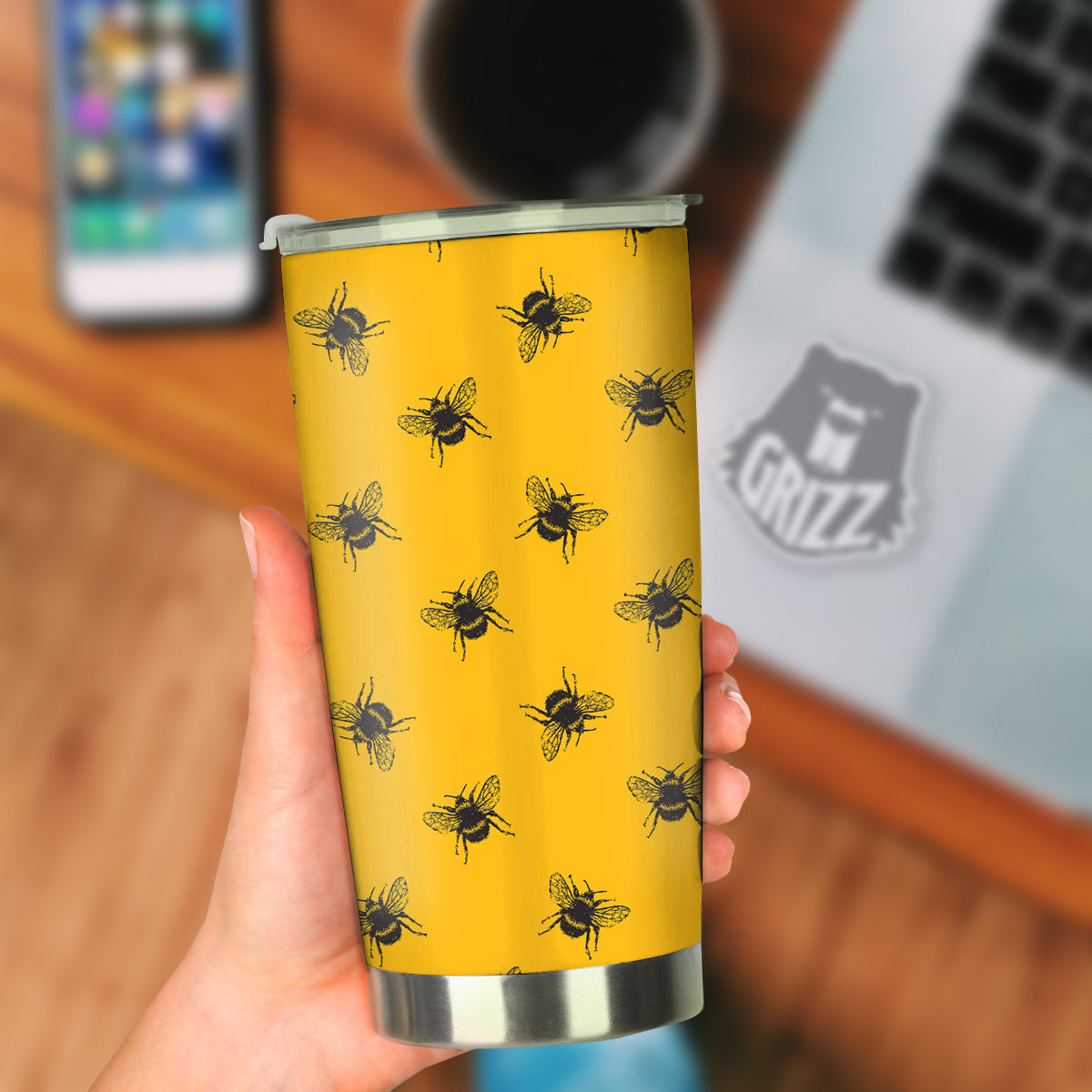 Bee Yellow Print Pattern Tumbler-grizzshop