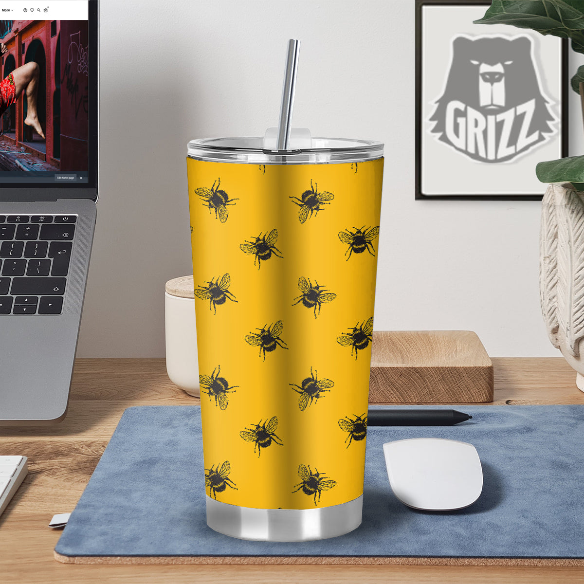 Bee Yellow Print Pattern Tumbler-grizzshop