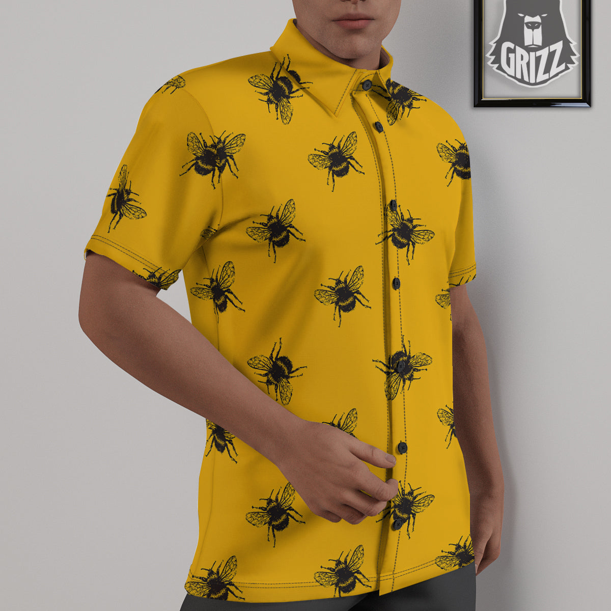 Bee Yellow Print Pattern Untucked Shirts-grizzshop