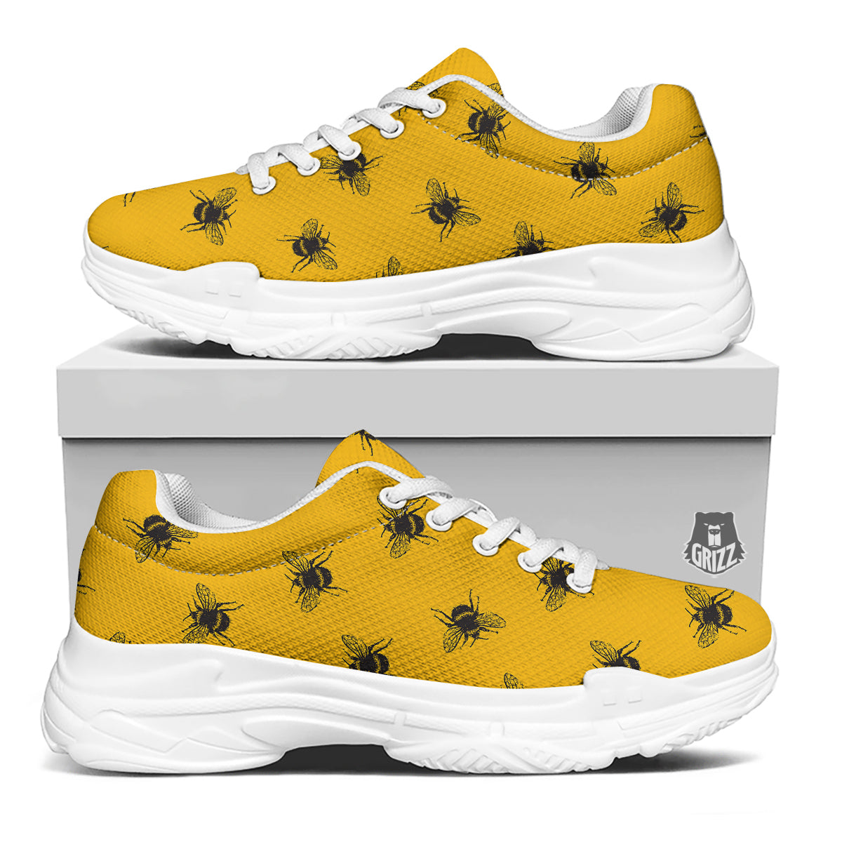 Bee Yellow Print Pattern White Chunky Shoes-grizzshop