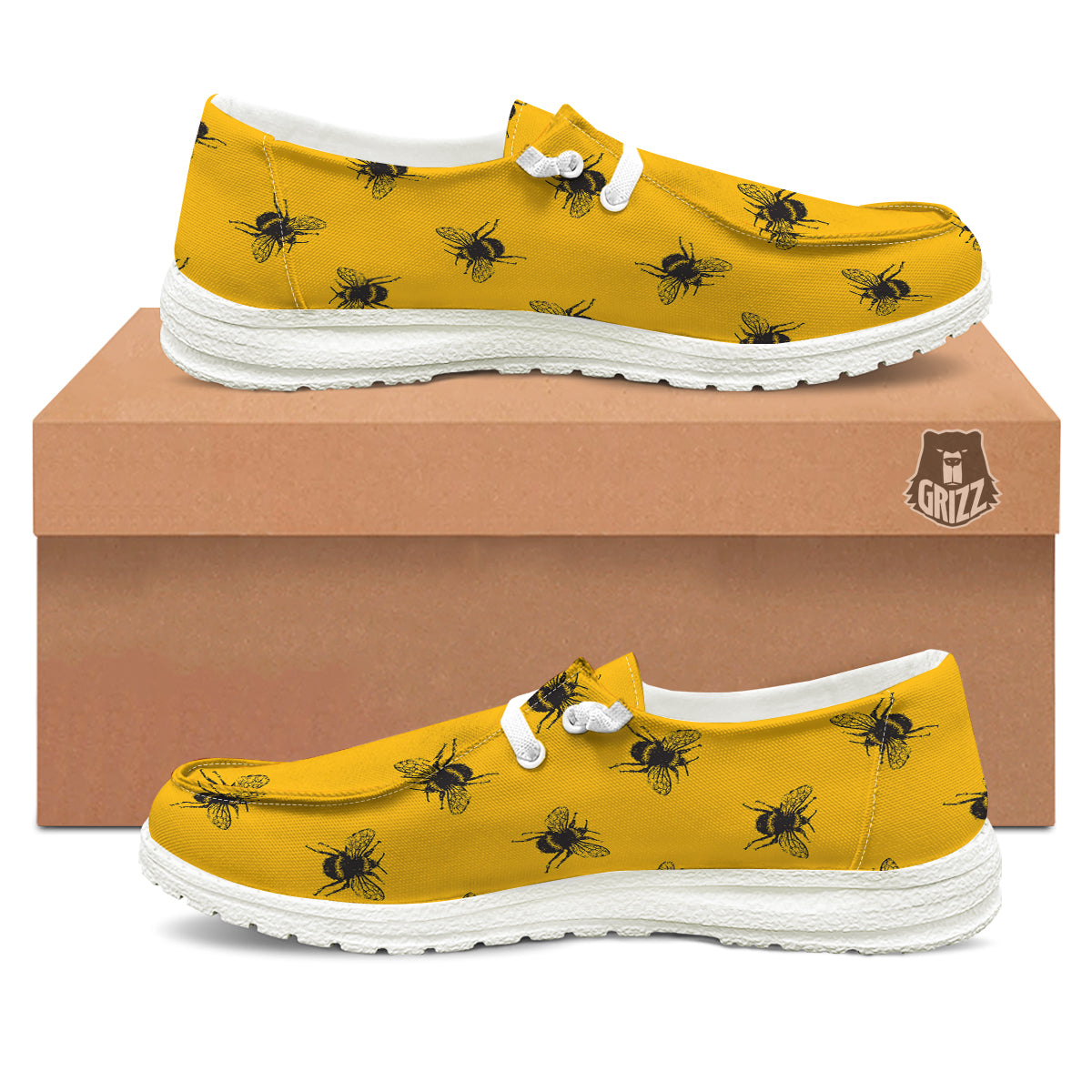 Bee Yellow Print Pattern White Loafers-grizzshop