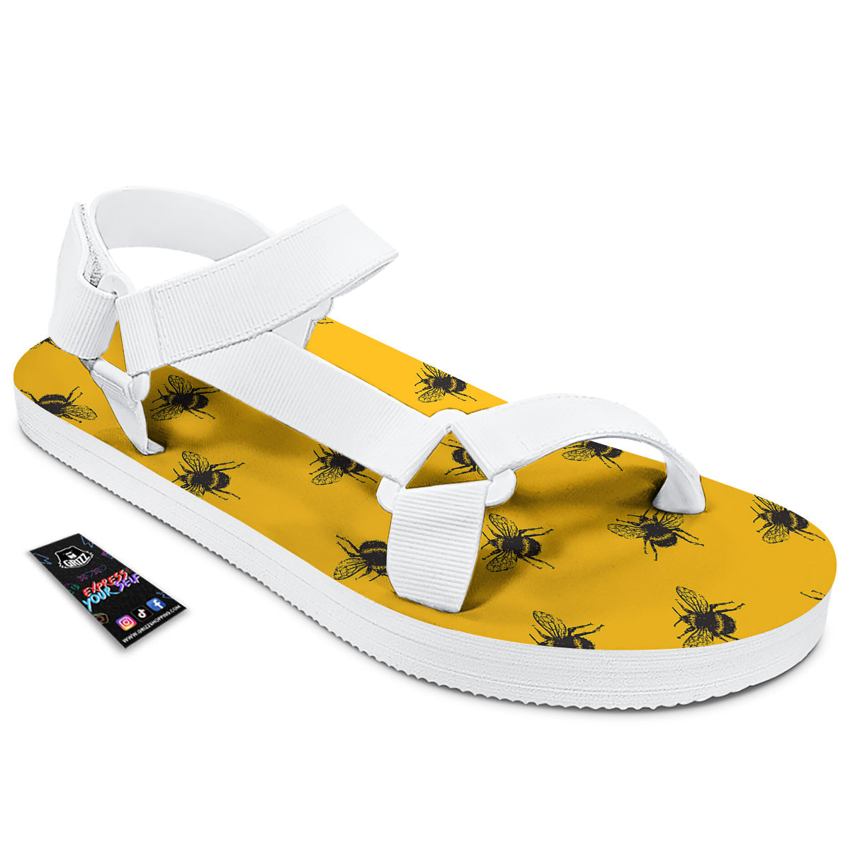 Bee Yellow Print Pattern White Open Toe Sandals-grizzshop
