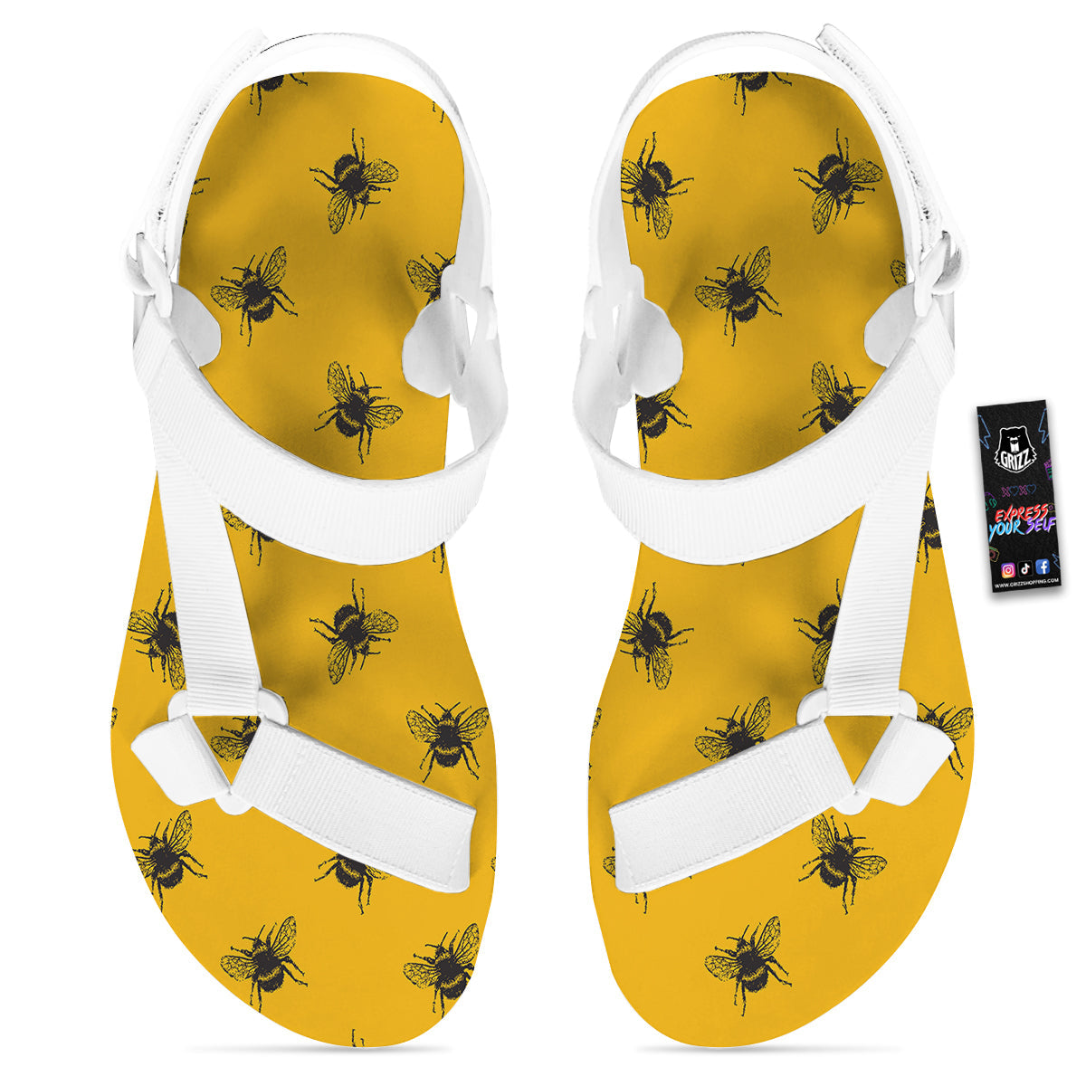 Bee Yellow Print Pattern White Open Toe Sandals-grizzshop