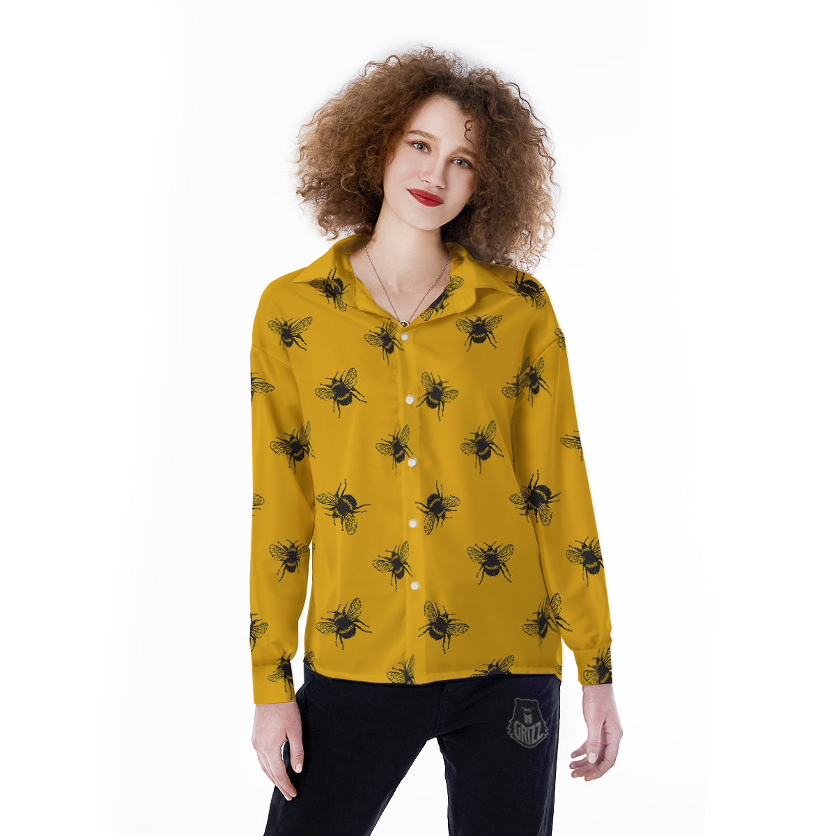 Bee Yellow Print Pattern Women's Long Sleeve Shirts-grizzshop
