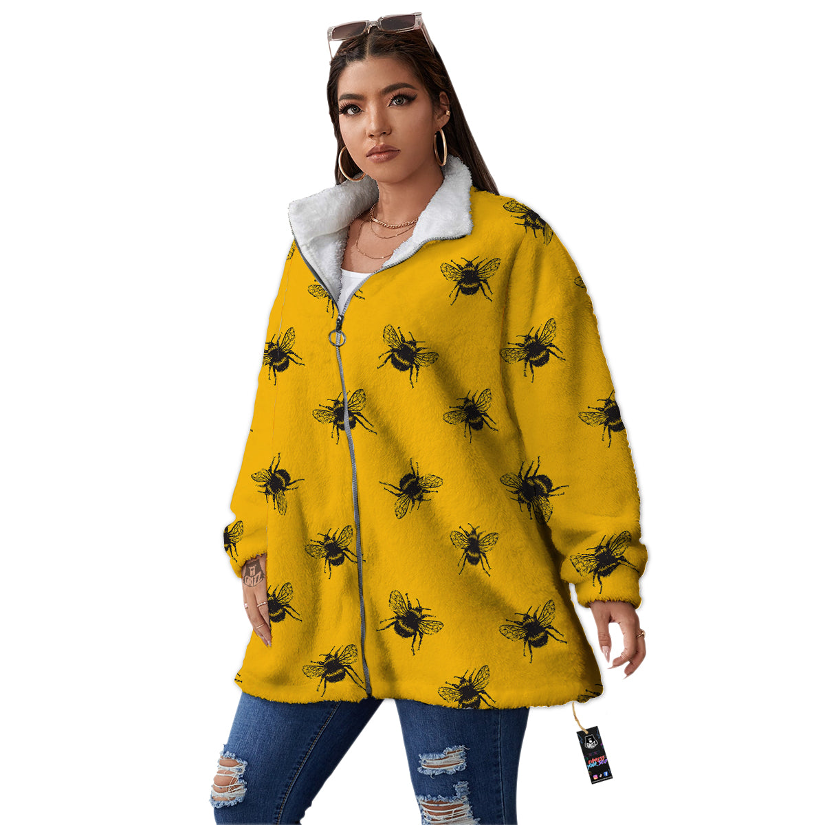 Bee Yellow Print Pattern Women's Sherpa Jacket-grizzshop