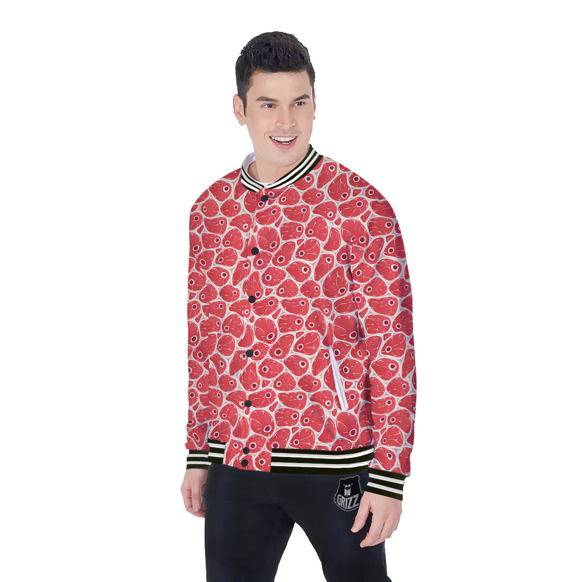 Beef Meat Print Pattern Baseball Jacket-grizzshop