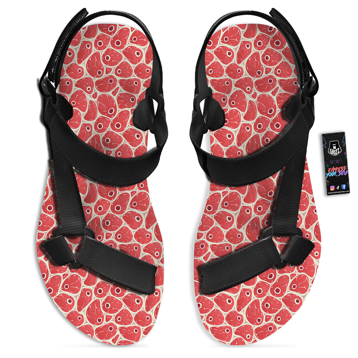 Beef Meat Print Pattern Black Open Toe Sandals-grizzshop
