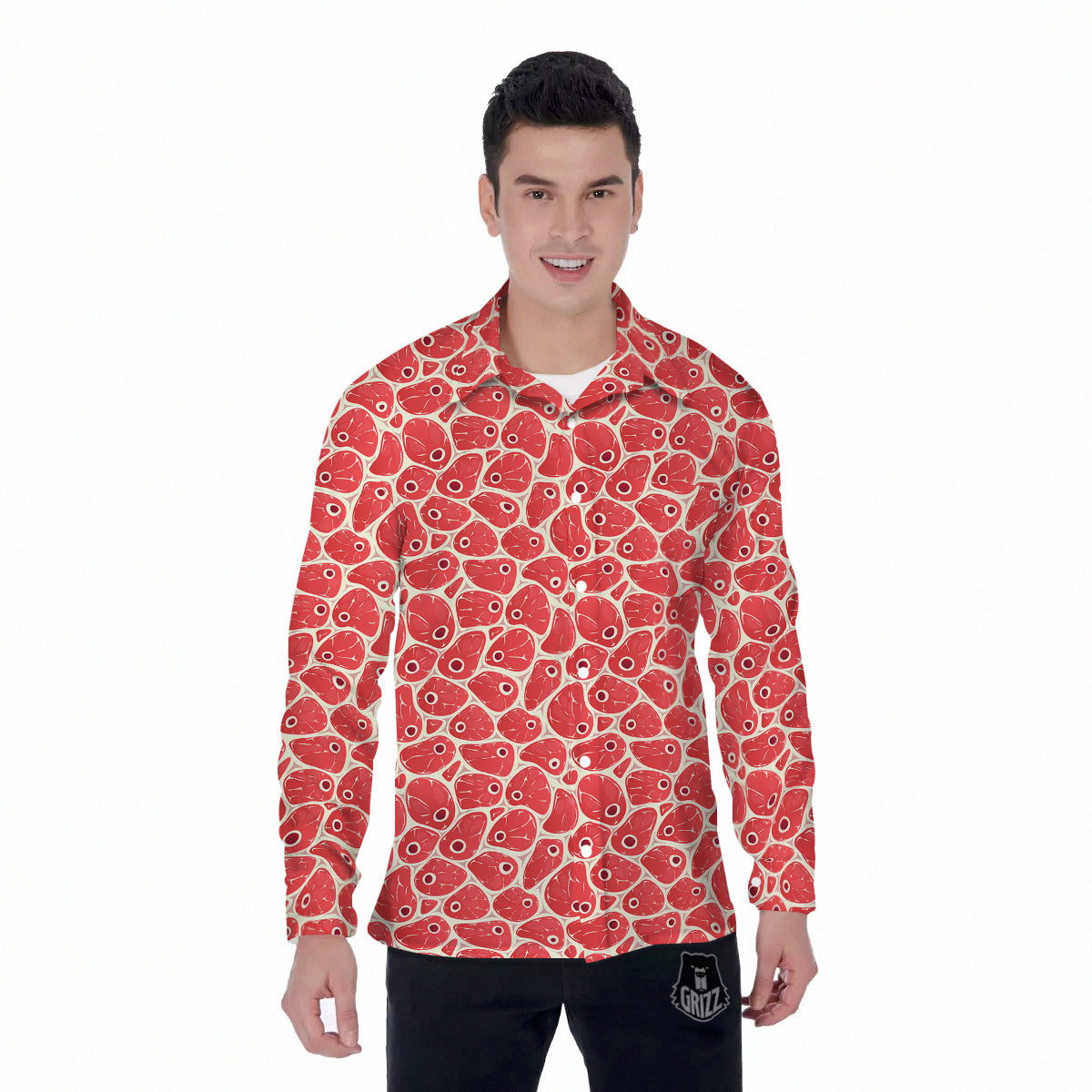 Beef Meat Print Pattern Men's Long Sleeve Shirts-grizzshop