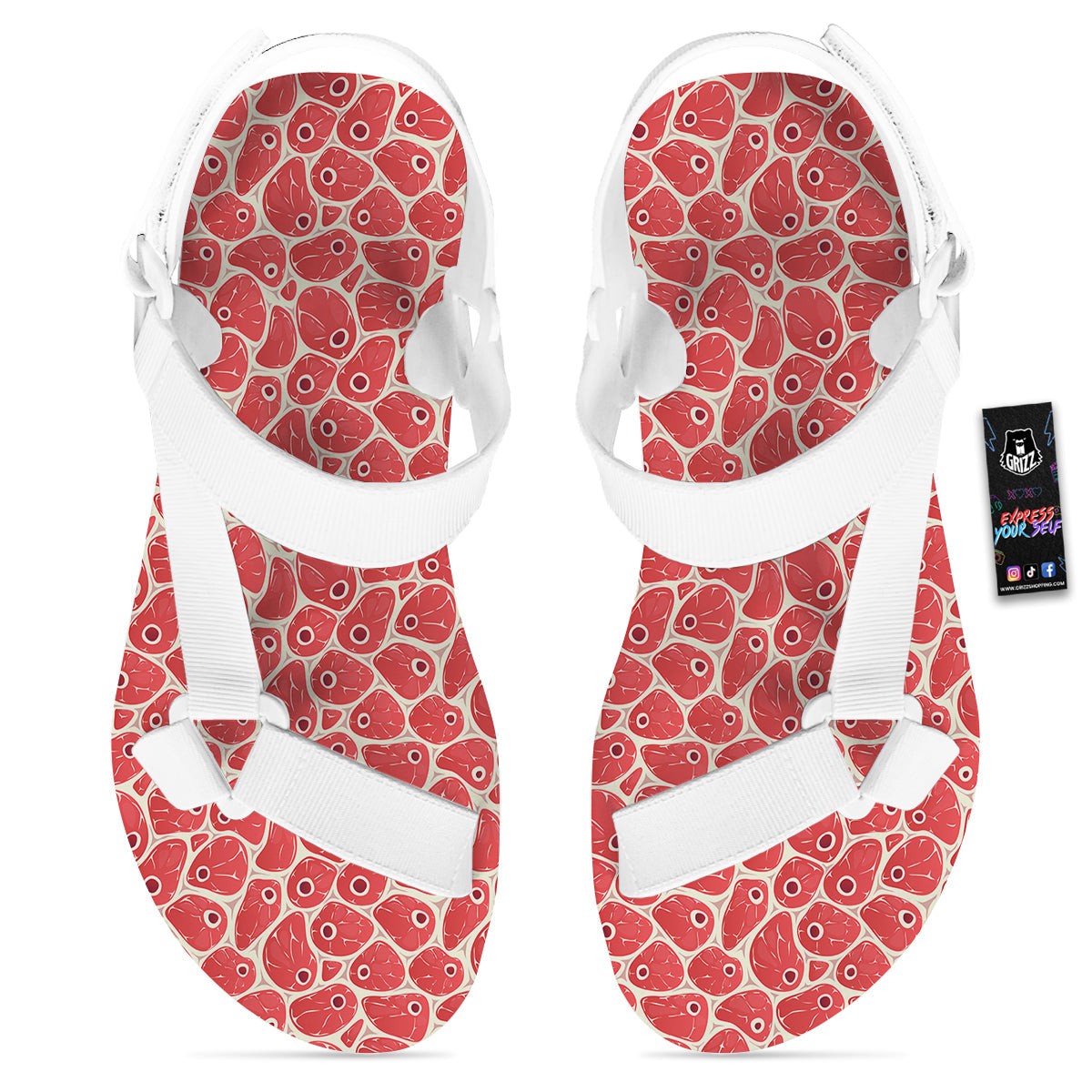 Beef Meat Print Pattern White Open Toe Sandals-grizzshop