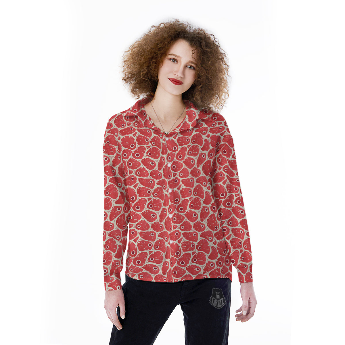 Beef Meat Print Pattern Women's Long Sleeve Shirts-grizzshop