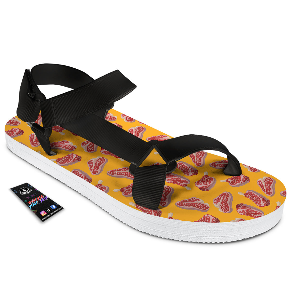 Beef Meat Steak Print Pattern Black Open Toe Sandals-grizzshop