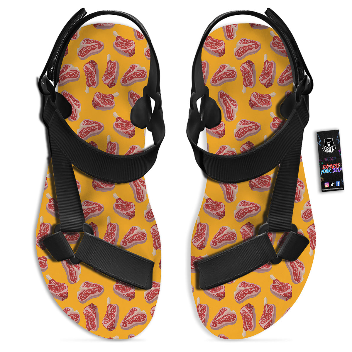 Beef Meat Steak Print Pattern Black Open Toe Sandals-grizzshop