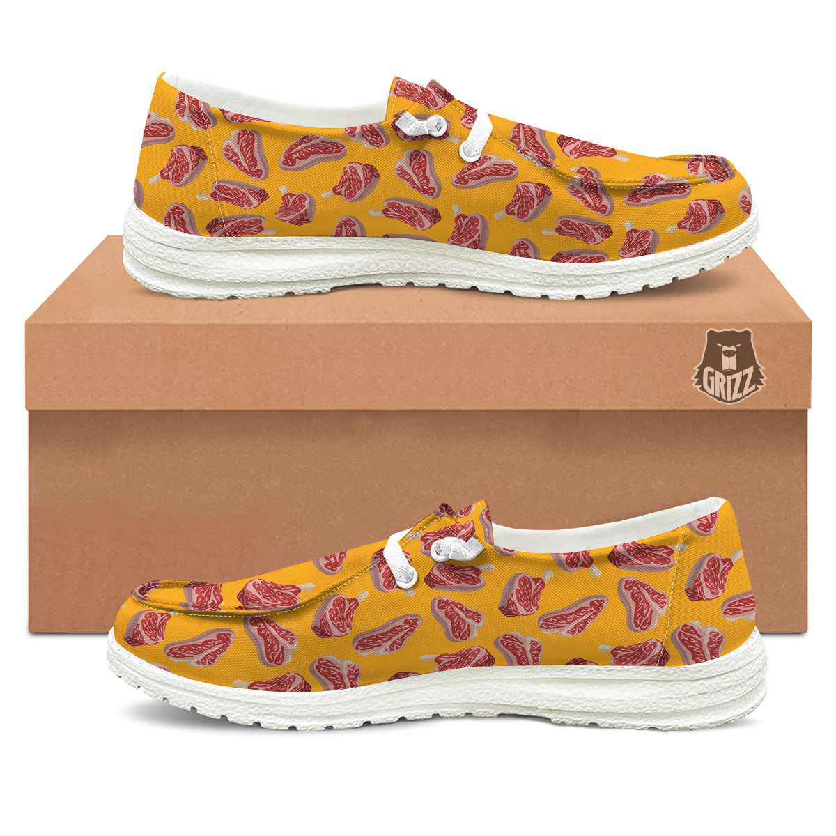 Beef Meat Steak Print Pattern White Loafers-grizzshop