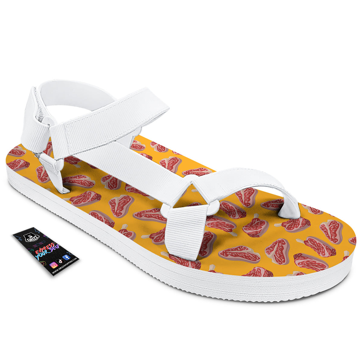 Beef Meat Steak Print Pattern White Open Toe Sandals-grizzshop