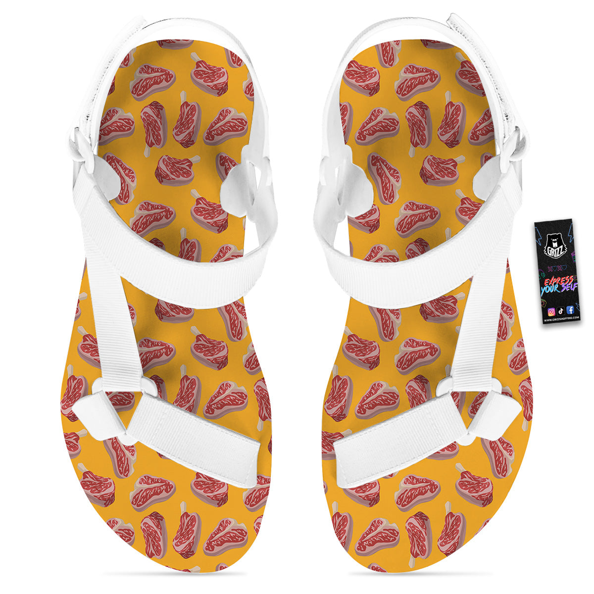 Beef Meat Steak Print Pattern White Open Toe Sandals-grizzshop
