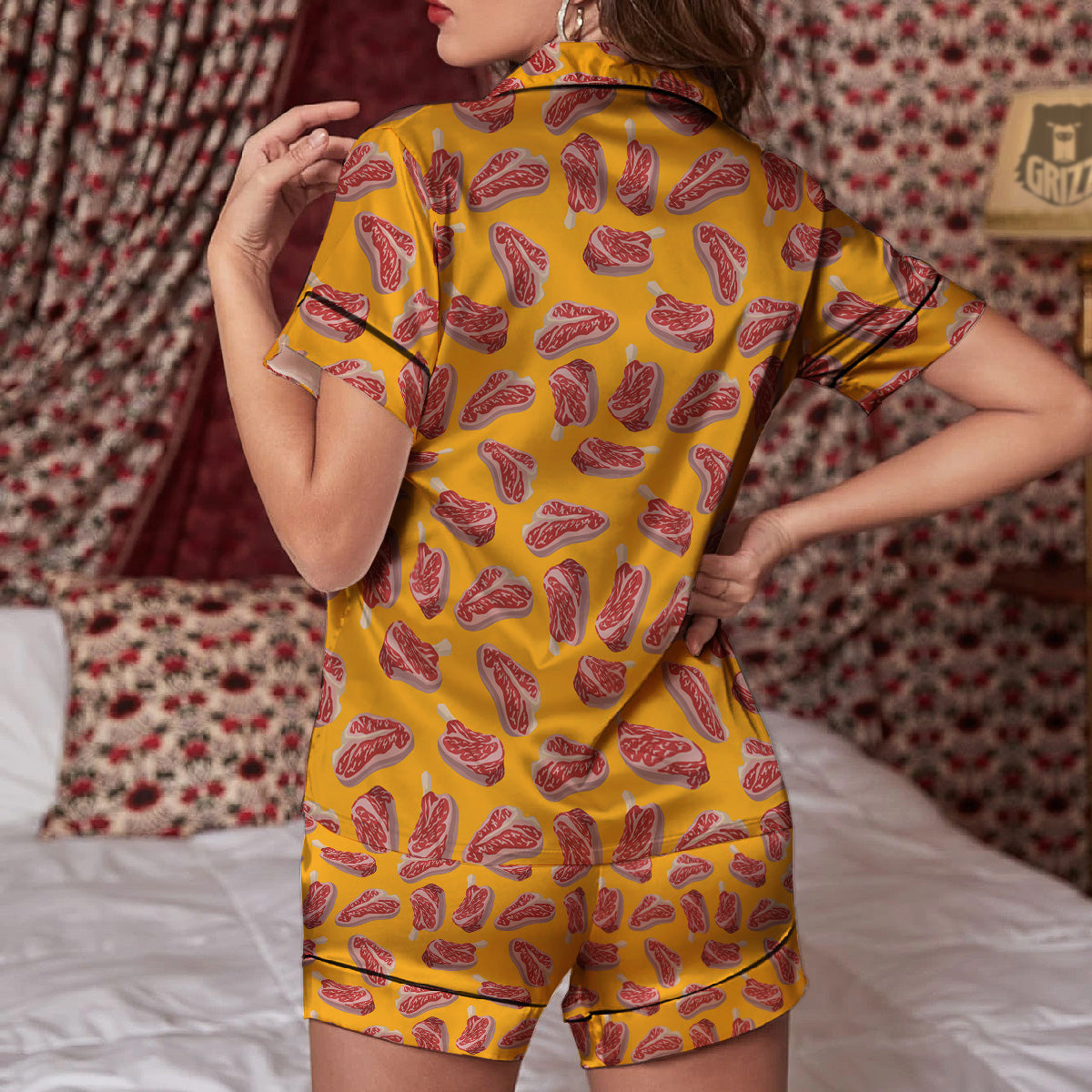 Beef Meat Steak Print Pattern Women Silk Pajamas-grizzshop