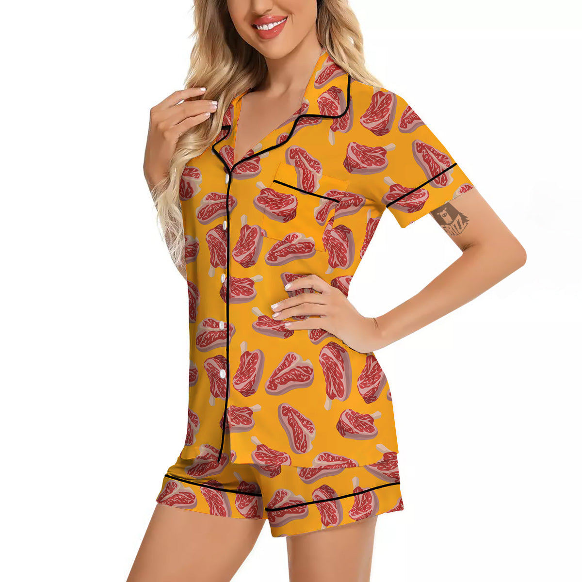 Beef Meat Steak Print Pattern Women Silk Pajamas-grizzshop