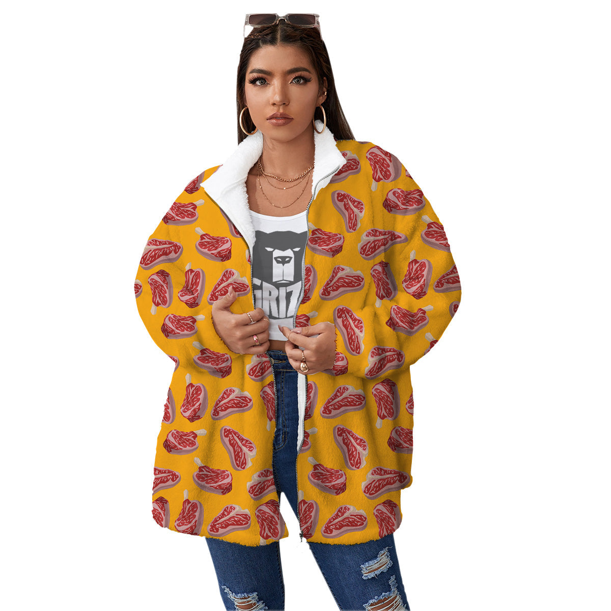 Beef Meat Steak Print Pattern Women's Sherpa Jacket-grizzshop