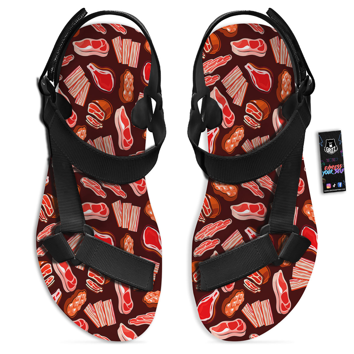 Beef Steaks Print Pattern Black Open Toe Sandals-grizzshop