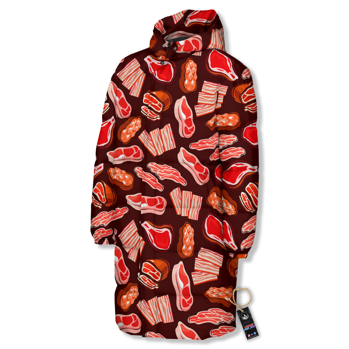 Beef Steaks Print Pattern Long Down Jacket-grizzshop