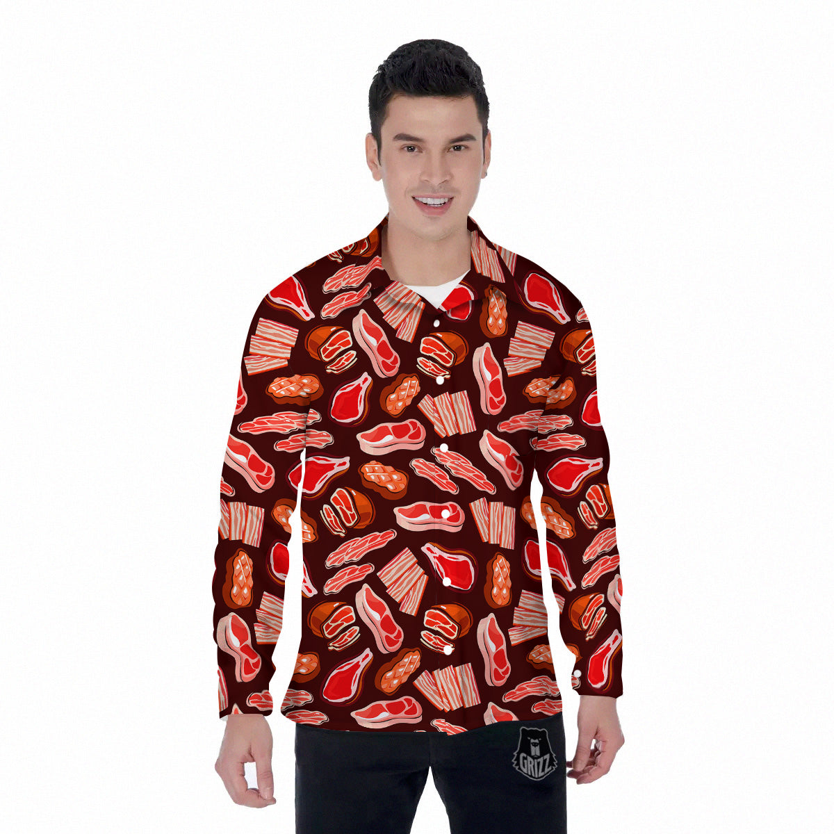 Beef Steaks Print Pattern Men's Long Sleeve Shirts-grizzshop