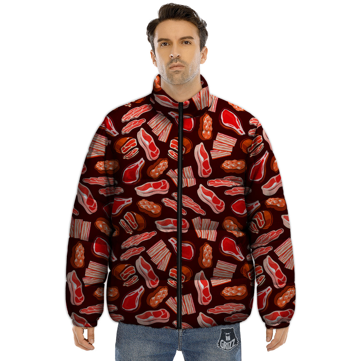 Beef Steaks Print Pattern Puffer Jacket-grizzshop