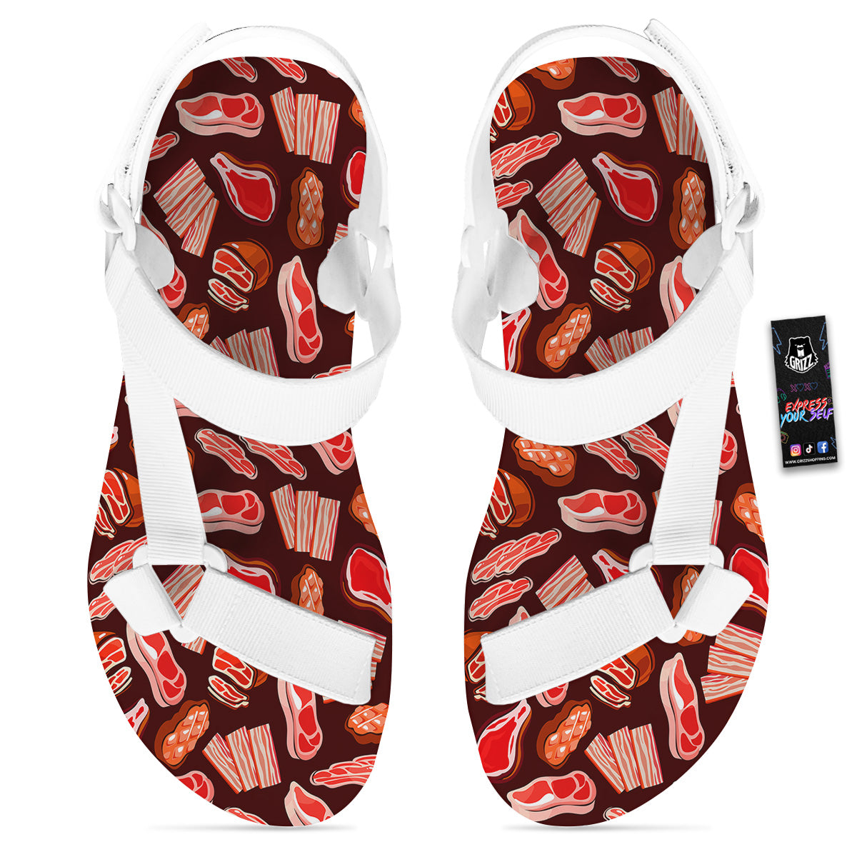 Beef Steaks Print Pattern White Open Toe Sandals-grizzshop