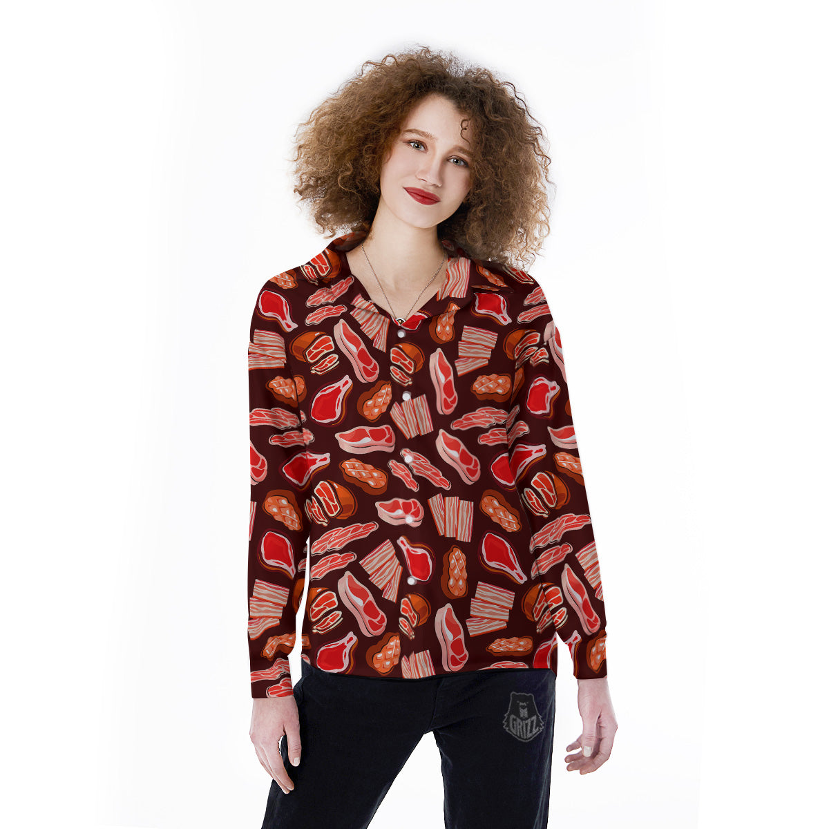 Beef Steaks Print Pattern Women's Long Sleeve Shirts-grizzshop