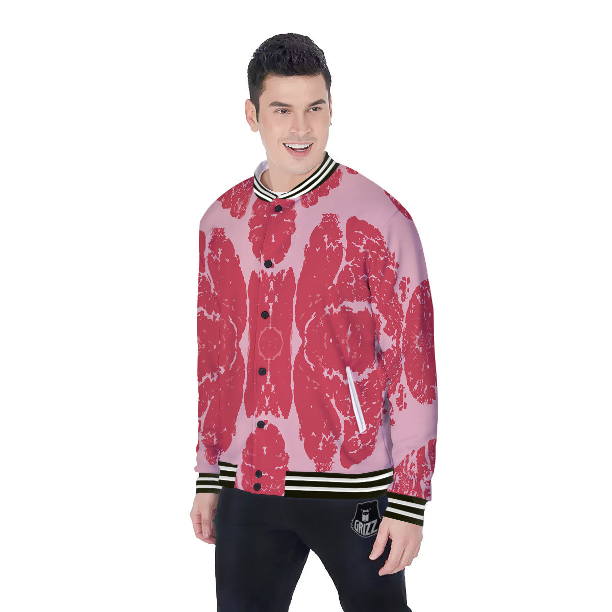 Beef Texture Print Pattern Baseball Jacket-grizzshop