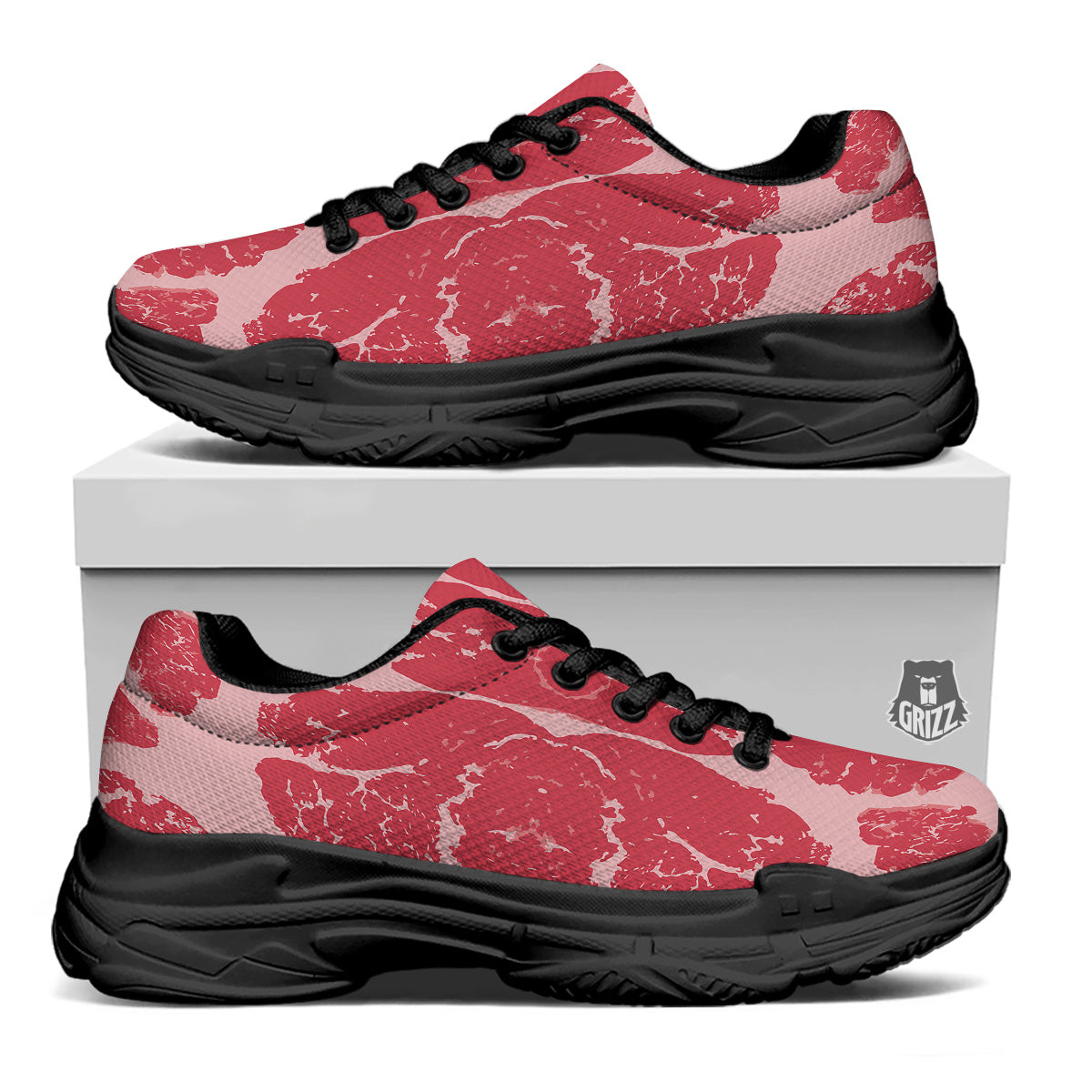 Beef Texture Print Pattern Black Chunky Shoes-grizzshop