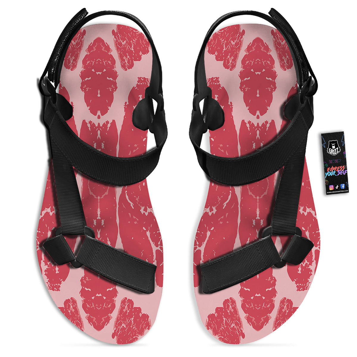 Beef Texture Print Pattern Black Open Toe Sandals-grizzshop