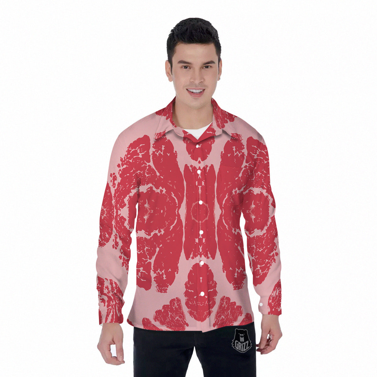 Beef Texture Print Pattern Men's Long Sleeve Shirts-grizzshop