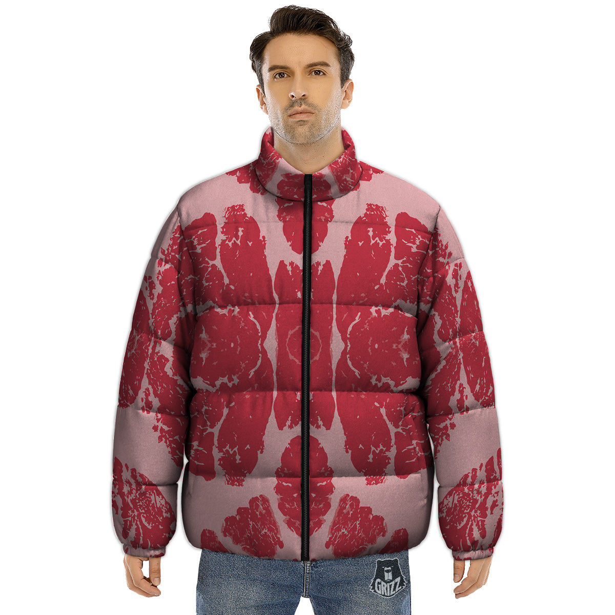 Beef Texture Print Pattern Puffer Jacket-grizzshop