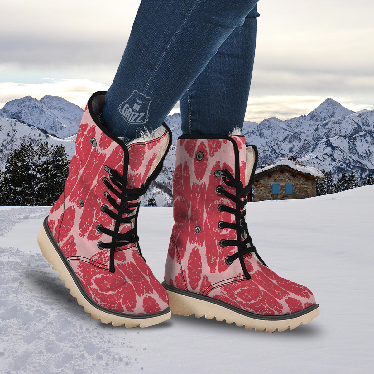 Beef Texture Print Pattern Snow Boots-grizzshop