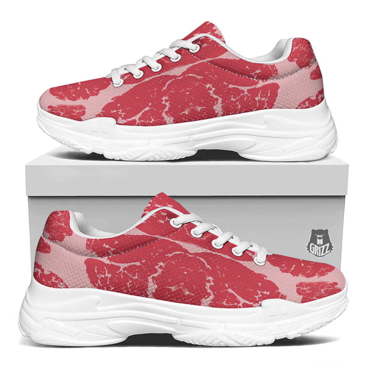 Beef Texture Print Pattern White Chunky Shoes-grizzshop