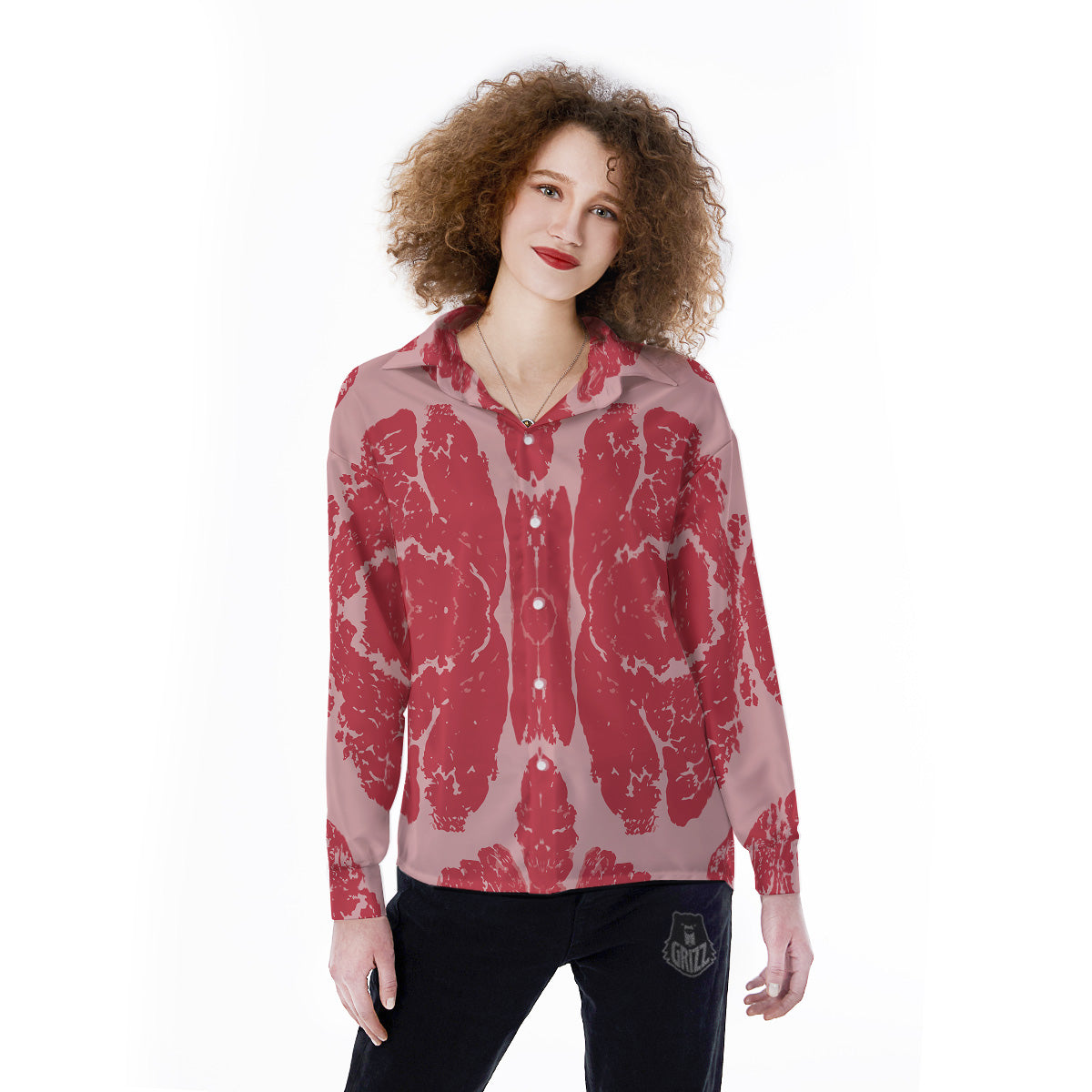 Beef Texture Print Pattern Women's Long Sleeve Shirts-grizzshop