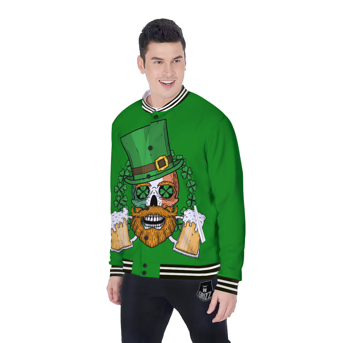 Beer And Clover St. Patrick's Day Print Baseball Jacket-grizzshop