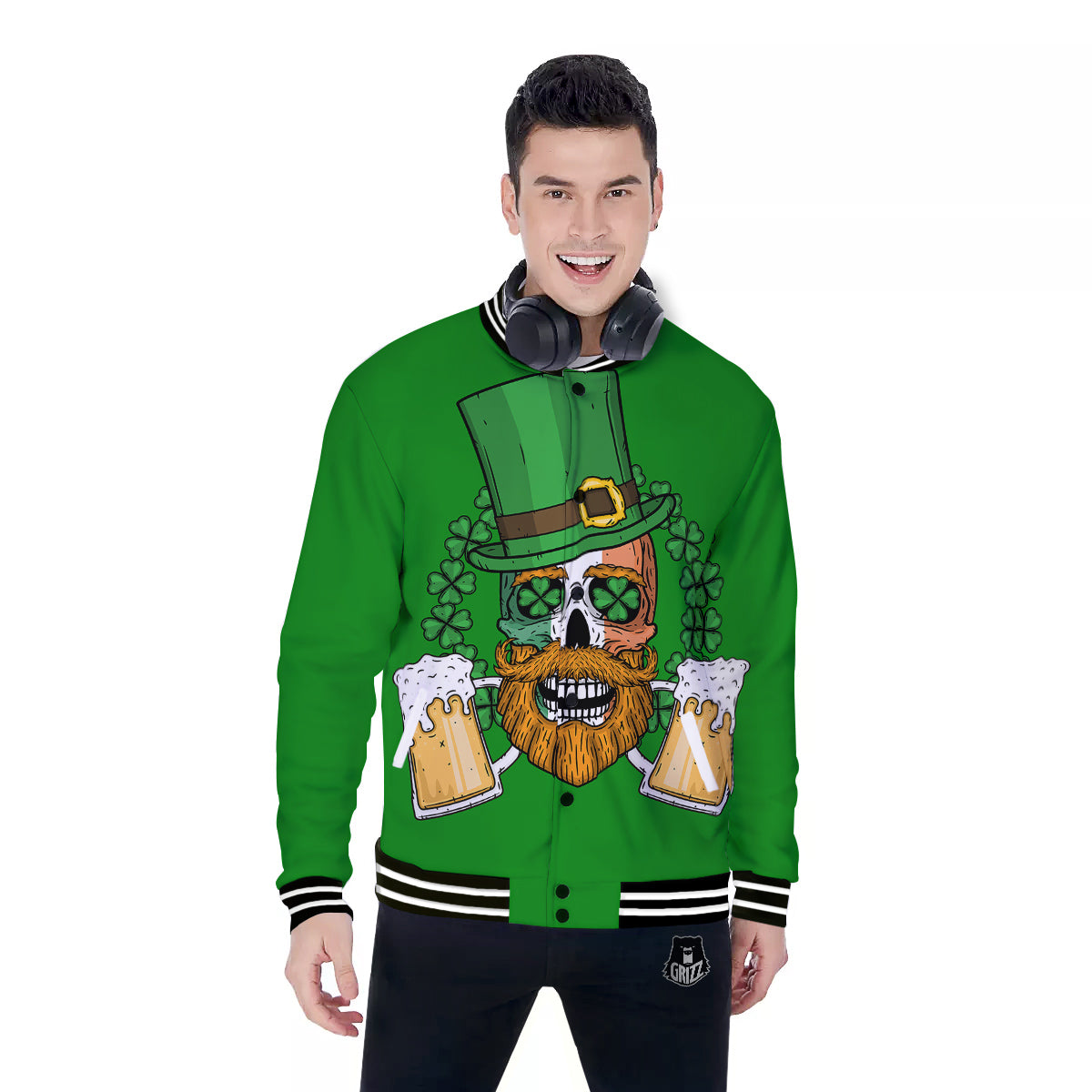 Beer And Clover St. Patrick's Day Print Baseball Jacket-grizzshop